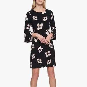 TOMMY HILFIGER Black/Beige Floral Sheath Stretch Bell Sleeves Dress